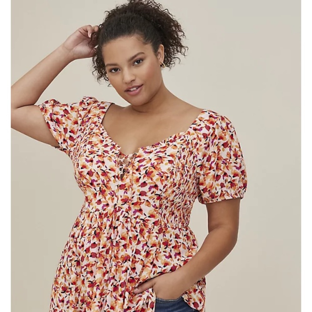 PLUS BABYDOLL CRINKLE GAUZE SMOCKED BACK PUFF SLEEVE-NWOT